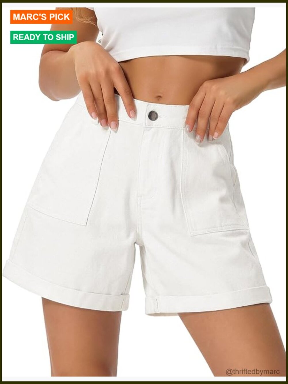 Stretch Denim Shorts With Cuffed Hem And Large Pockets
